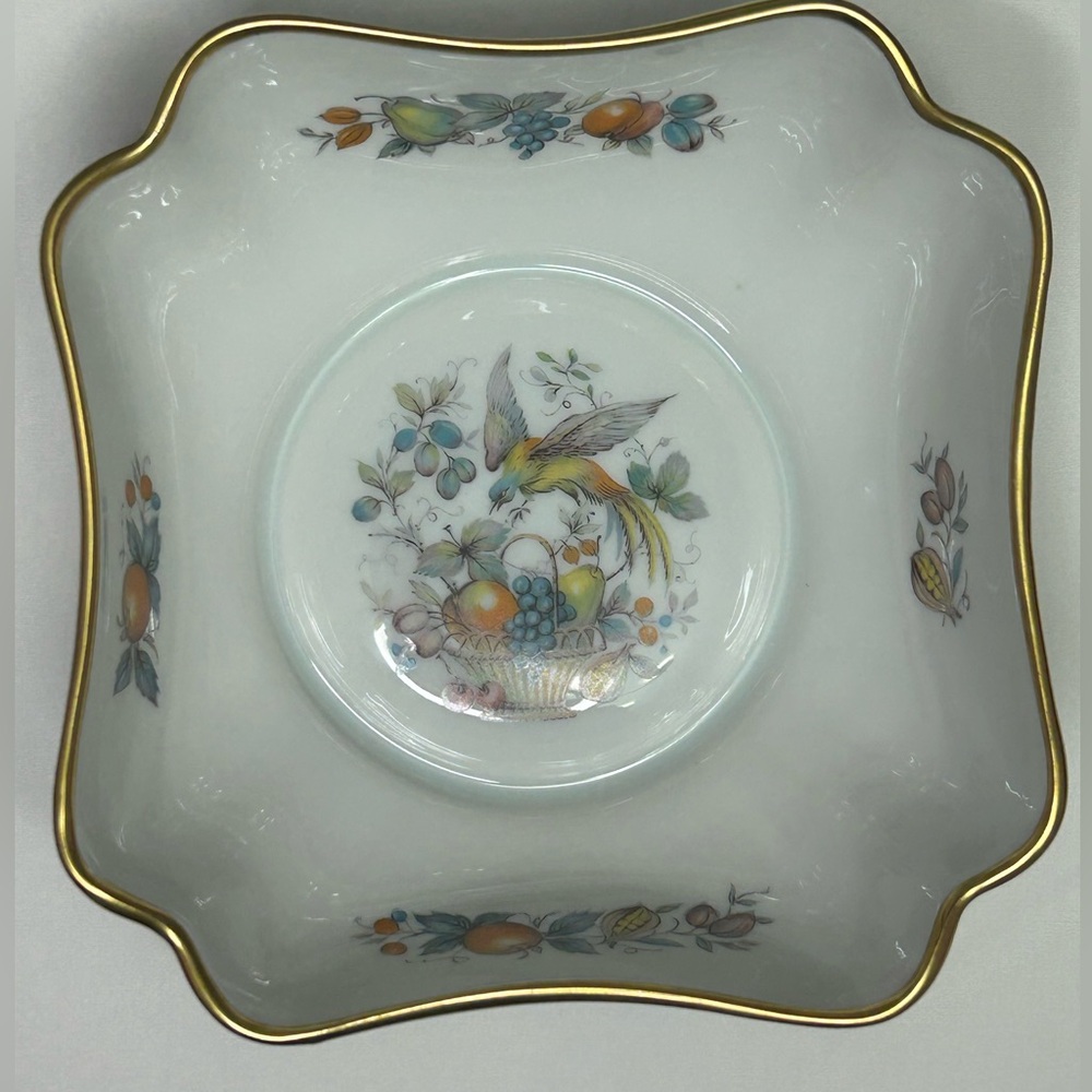 Vintage Limoges France Square Bowl Bird Fruit in Basket Gold Rim 5 1/8" Wide